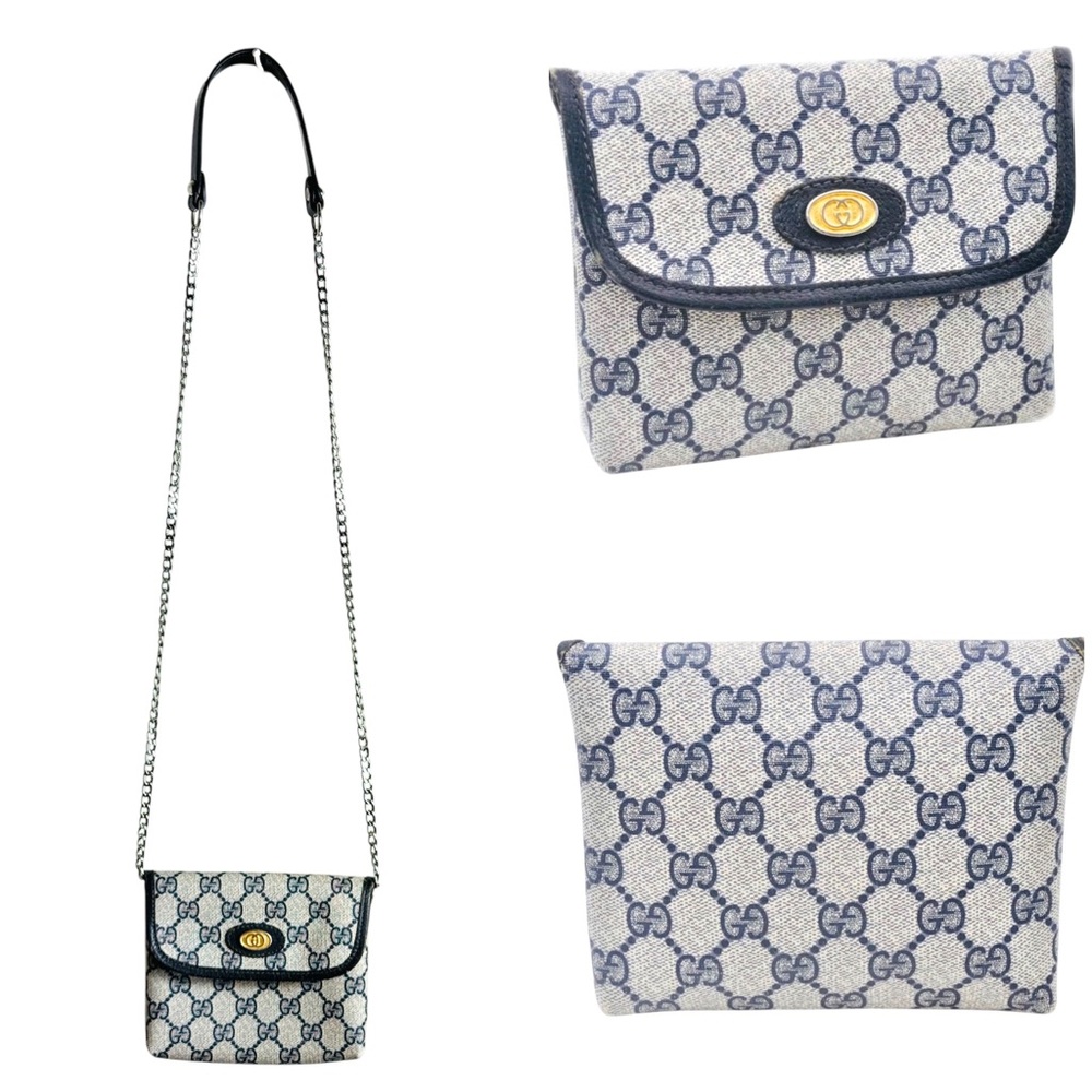 Authentic GUCCI Pouch GG PVC Leather Navy convertible shoulder/Crossbody